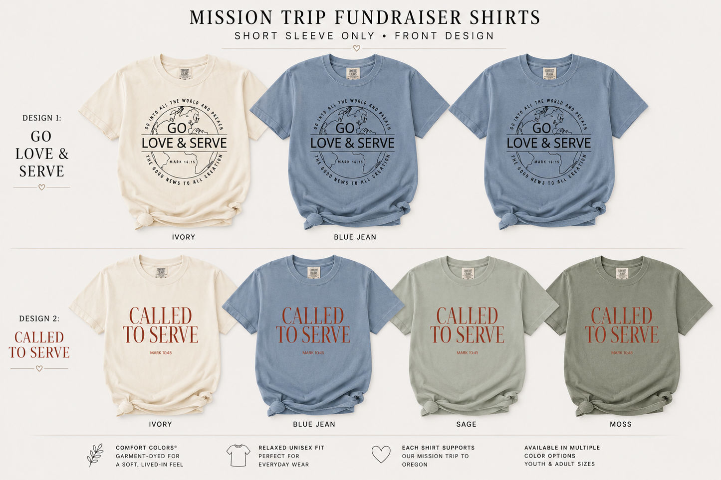 2026 Called to Go, Love, Serve Mission Trip fundraiser shirts